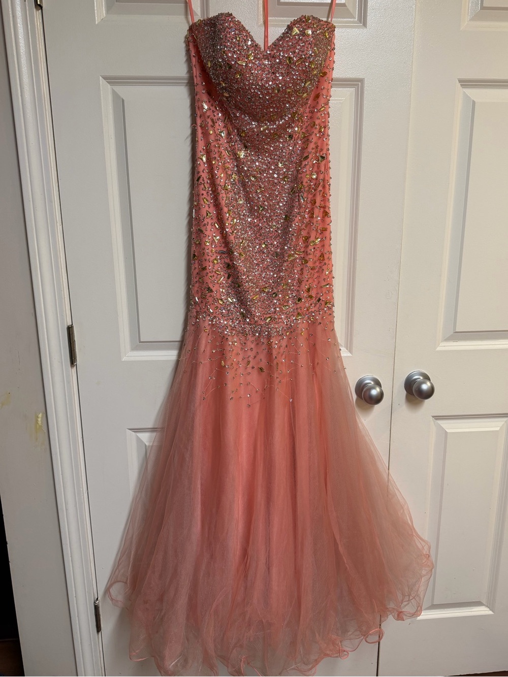 Color Street Coral Pink Strapless Sequin Mermaid Gown